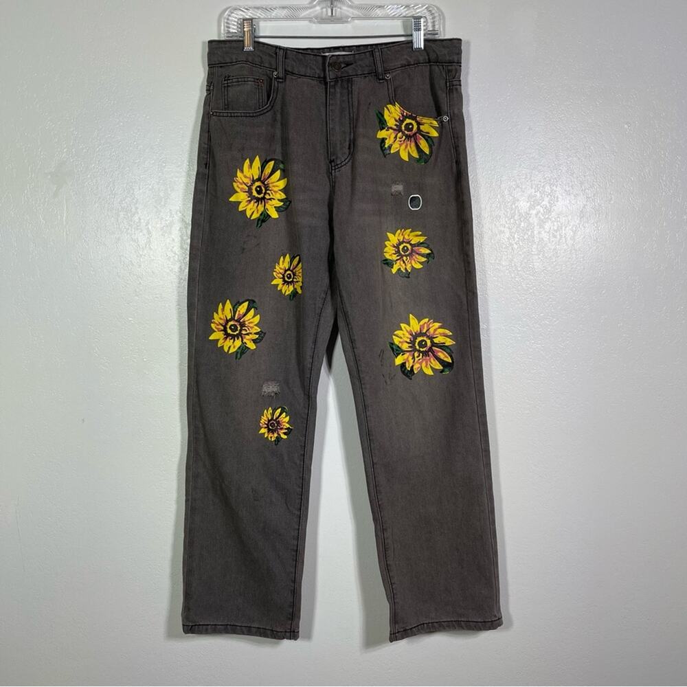 Misslook, Grey jeans with painted Sunflowers. Size Large. Excellent condition!